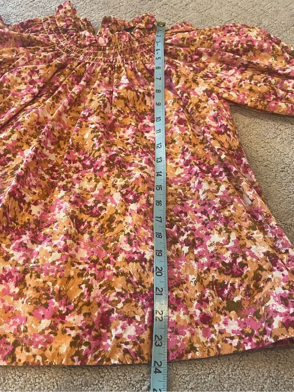 J. Crew Smocked Puff-Sleeve Blouse, Ties In Back, Pink Faded Floral, Size XXS